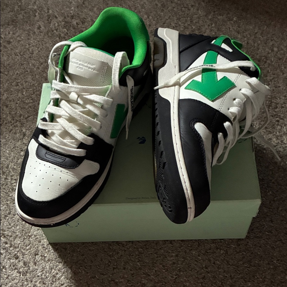 Off-White Black and White Sneakers with Vibrant Green Accents
